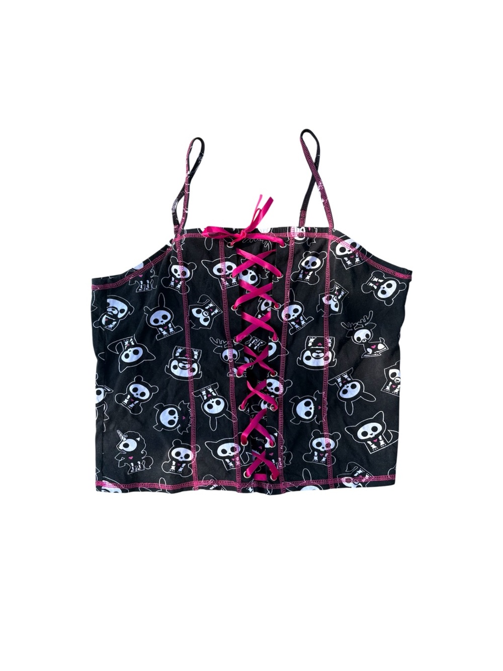 Black Skelanimals Skull Print Lace-Up Corset Tank Top